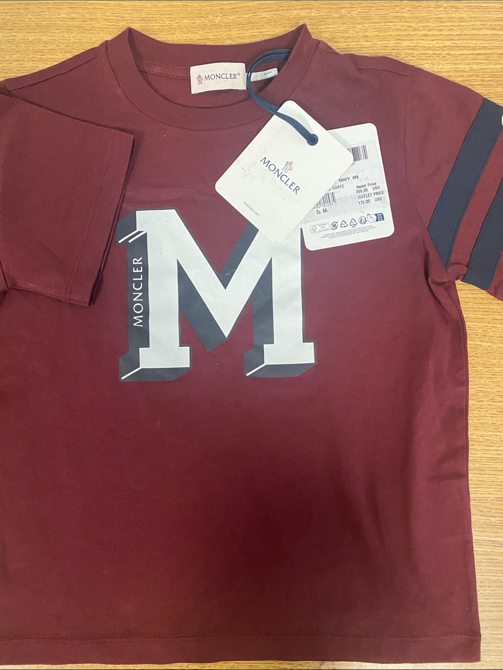 Moncler Boys' Burgundy Short Sleeve Tee with White & Navy 'M' Logo